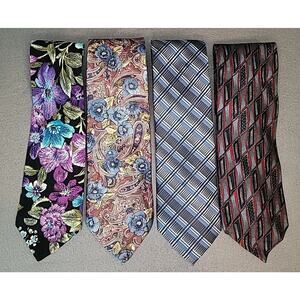 Lot of 4 Men’s Vintage Neck Ties – Paisley & Geometric | Silk/Polyester Blend